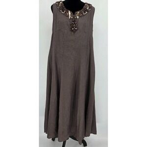 Beaded 100% Linen Maxi Dress 16 Brown Chelsea Design